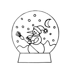 Doodle snow glass ball with snowman on white background.The vector ball can be used in festive Christmas designs,postcards,textiles, and coloring pages.