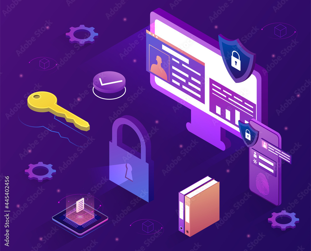 Poster personal data security concept. a computer and a phone with protected personal data. metaphor for pr