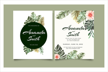 Beautiful watercolor tropical leaf wedding invitation 