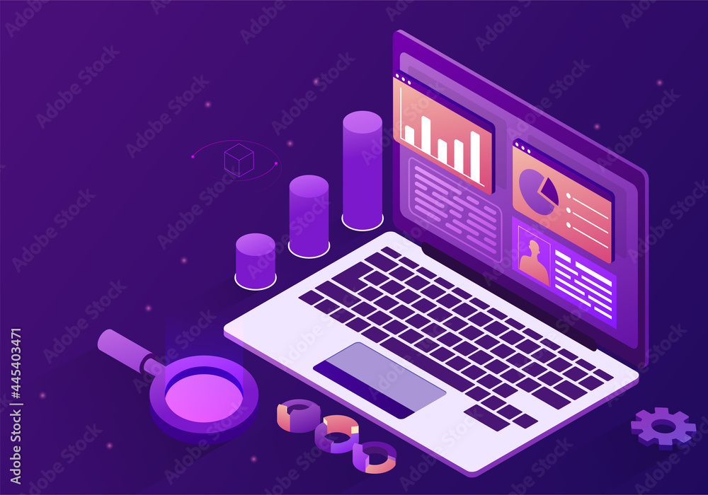 Poster monitoring work progress concept. a large laptop with charts, tables, graphs and other statistical d