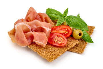 Jamon sandwich, Spanish pinchos, isolated on white background. High resolution image.