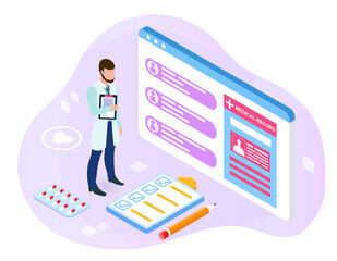 Study of the patients case. Doctor stands next to the medical card of patients, reads complaints and symptoms, makes a final diagnosis. Cartoon isometric vector illustration on a white background - obrazy, fototapety, plakaty