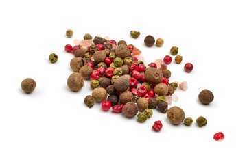 Peppercorn mix with himalayan salt, cooking spices, isolated on a white background. High resolution image.