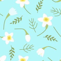 Fototapeta na wymiar Seamless pattern with daffodils on a gentle blue background. Pattern with white daffodils for design of fabric of women's clothing. Spring print. Flat vector illustration. 