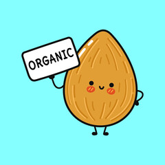 Cute funny almond with poster. Vector hand drawn cartoon kawaii character illustration icon. Isolated on blue background. Almond think concept