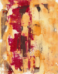 Abstract painting in yellow, reds and browns, monoprinted background