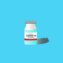 illustration of vaccine for covid-19 bottle isolated on blue background. 