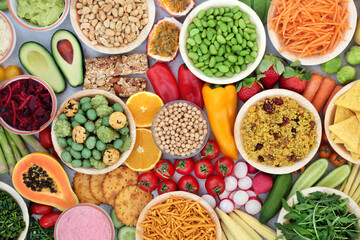  Vegan healthy food for vitality & fitness with plant based foods high in protein, fibre, antioxidants, anthocyanins, vitamins, minerals, omega 3, smart carbs & lycopene. Immune boosting concept.