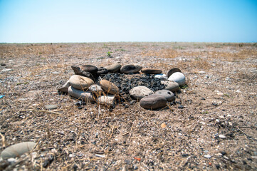 The extinguished campfire and the beach.