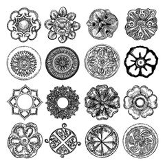 Vintage hand drawn baroque Victorian round flower bloom tattoo, floral head ornament, engraved ink art for retro pattern and gothic decorative design filigree. Vector. - 445406080