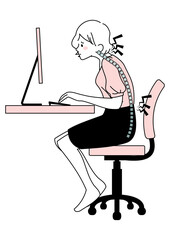 歪んだ姿勢でパソコンを使う女性の痛み