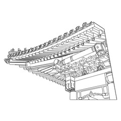 Chinese temple or Buddhist monastery with gates fragment. Traditional China house of worship. Classic Asian religious building and landmark. Chinese cultural and spiritual architecture. Vector.