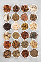 Traditional Chinese herbal medicine large collection with herbs and spices in porcelain bowls on mottled grey background. Alternative natural health care concept.