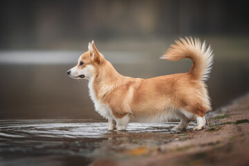 A funny red welsh corgi pembroke puppy standing on the shore of the lake against the backdrop of a foggy autumn landscape. Circles on the water