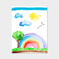 Watercolor hand drawn naive kids drawing rainbow, sun, sky, birds, tree, grass