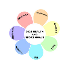Diagram concept with 2021 Health and Sport Goals text and keywords. EPS 10 isolated on white background