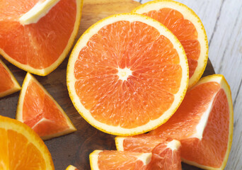 Naklejka na ściany i meble Top view of sliced Orange fruit,show pulp and peel
