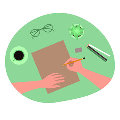 Artist at work drawing and holding a pencil. Workspace: hands, pencil, desk, craft paper. Vector flat illustration. Top view.