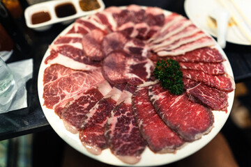 Beef and shrimp on the grill at the restaurant