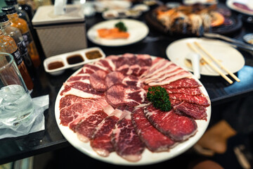 Beef and shrimp on the grill at the restaurant