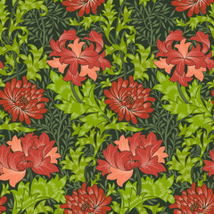 Floral seamless pattern with big red flowers on dark green foliage background. Vector illustration. - 445408620