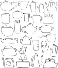 Doodle illustration. Kitchenware
kettles, pots, oven mitts
outline drawing. Design for the kitchen, postcards, menus, textiles and fabrics. Vector.