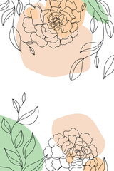 Peony. Beautiful flowers continuous line art with colored spots. Abstract minimal hand drawing sketch. One line art. 