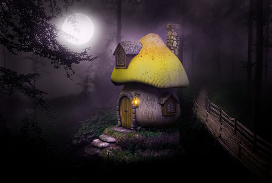 Mushroom haunted house in the forest.