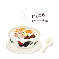 Rice porridge with minced pork, egg, and crispy dough vector illustration on white background.