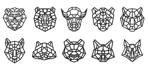 Set of animal head from lines in geometric polygonal style isolated on white color. Bear, bison, panther, panda, cat, lion, fox, wolf, tiger, raccoon. Modern graphic design element. Vector art. © cgterminal