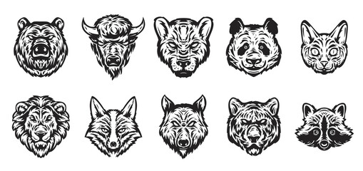Set of animal head in hand drawn sketch monochrome style isolated on white color. Bear, bison, panther, panda, cat, lion, fox, wolf, tiger, raccoon. Modern graphic design element. Vector illustration. © cgterminal