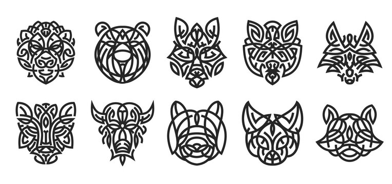 Set of animal head from lines in geometric monochrome style isolated on white color. Bear, bison, panther, panda, cat, lion, fox, wolf, tiger, raccoon. Modern graphic design element. Vector art.