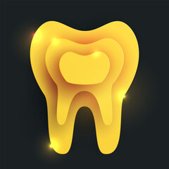 Golden tooth silhouette in modern creative style. Minimalistic luxury design concept. Premium healthcare medical composition art element. Bright paper cut layer vector illustration.