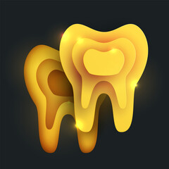 Slice golden tooth silhouette in modern creative style. Minimalistic luxury design concept. Premium healthcare medical composition art element. Bright paper cut layer vector illustration.