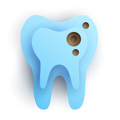 Decayed tooth with caries silhouette in modern creative style. Minimalistic design concept. Healthcare medical composition art element. Paper cut layer vector illustration.