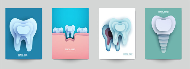Set of dental concept covers for flyer, poster, banner in modern minimal style. Collection composition of background for design branding clinic, hospital. Geometric paper art vector illustration.