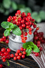 Ripe red currant berries in a bowl. Fresh red currants on dark rustic wooden table. Background with copy space. Selective focus.