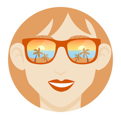 Obraz premium Portrait of a red-haired smiling girl in sun glasses. The lenses of the glasses reflect the beach with palm trees and the sea at sunset. The concept of summer vacation, tourism, travel. Vector