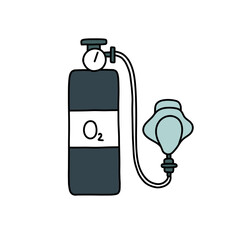 oxygen mask and cylinder doodle icon, vector color line illustration