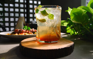 Menta mojito drink. A drink with a composition lime juice, mint leaves, mixed sugar and soda
