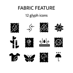 Fabric feature glyph icons set. Bamboo, natural textile, organic cotton. Different properties of fiber