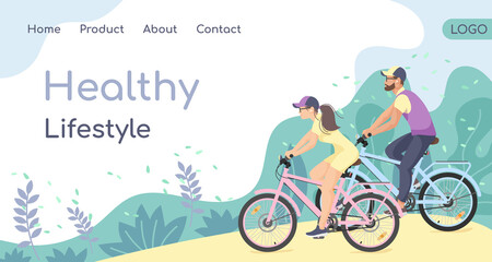 Fototapeta na wymiar Boy and girl on blue and pink bicycle, cycle, bike ride in the park, outdoor, sammer forest. Healthy lifestyle Vector illustration for landing page, poster, banner, web, advertising.
