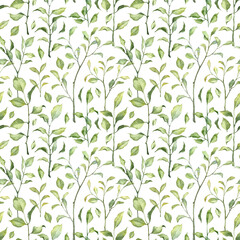 Seamless floral pattern with watercolor green leaves. Fabric and wallpapers design. Fresh vibrant green leaves isolated on white background. Floral template