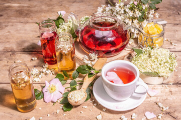 Assorted tea made from flowers. Fresh elderberry, rose hip, and acacia.
