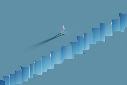Three dimensional render of wireframe man walking toward crevice