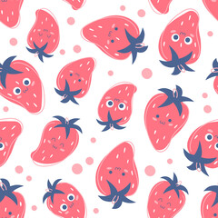 Seamless pattern with happy pink strawberries with cute smiles, juicy fruit on white background. Vector illustration. Print for packaging, fabrics, wallpapers, textiles.