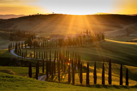 Treelined road winding across rolling landscape at sunset