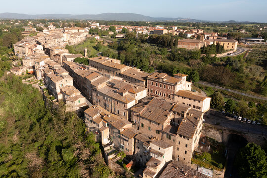 Italy, Province of Siena, Colle di Val dElsa, Aerial view of medieval town
