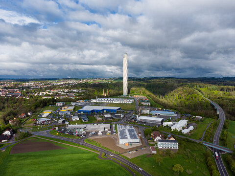 Germany, Baden-Wurttemberg, Rottweil, Aerial view of cloudy sky over Rottweil Test Tower and elevator research campus