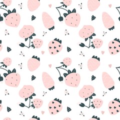 Fototapeta premium Cute seamless pattern with pink strawberries and hearts. Scandinavian style. Vector illustration.